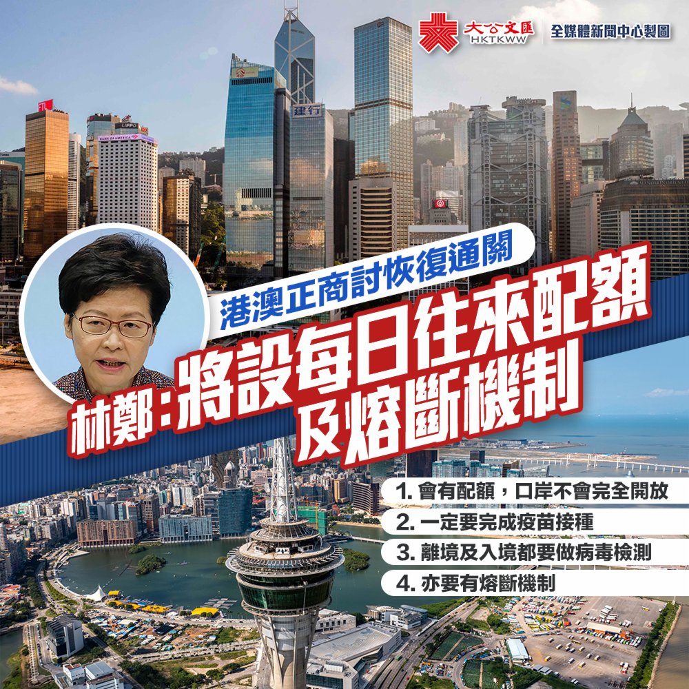 港澳正商討恢復通關林鄭月娥：設配額及熔斷機制- 香港- 大公文匯網