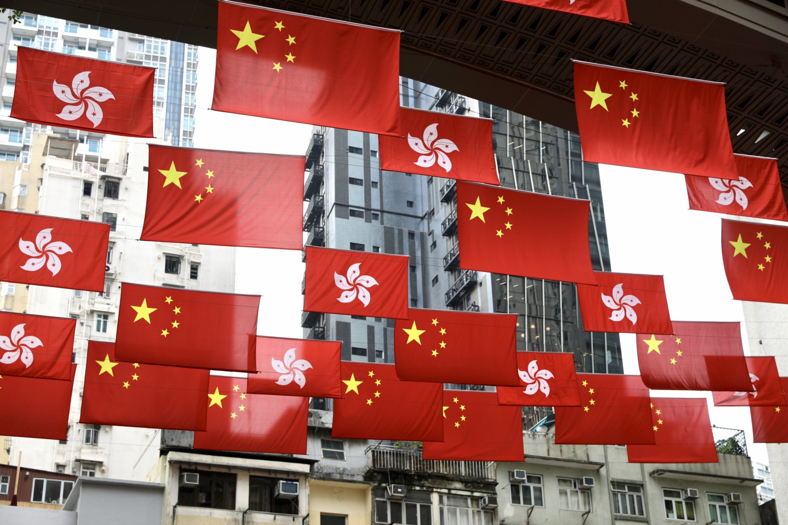 (大公文匯全媒體記者 李斯哲)國慶將至，香港街頭處處洋溢着濃郁的國慶氛圍，100多面五星紅旗和香港特區區旗飄洋在香港利東街上空，形成一片壯闊的「旗海」令人歎為觀止，沿路的公仔也都手持國旗和區旗，吸引不少路人紛紛拿出手機合影留念。

而在港島，有電車換裝祝賀國慶72周年的紅色主題裝扮，成為鬧市中一抹亮麗的風景線。有市民向記者表示，如今社會氛圍已逐漸平靜，可以有勇氣和底氣抒發自己的愛國情懷，祝願祖國繼續繁榮昌盛。(大公文匯全媒體記者 李斯哲 攝)