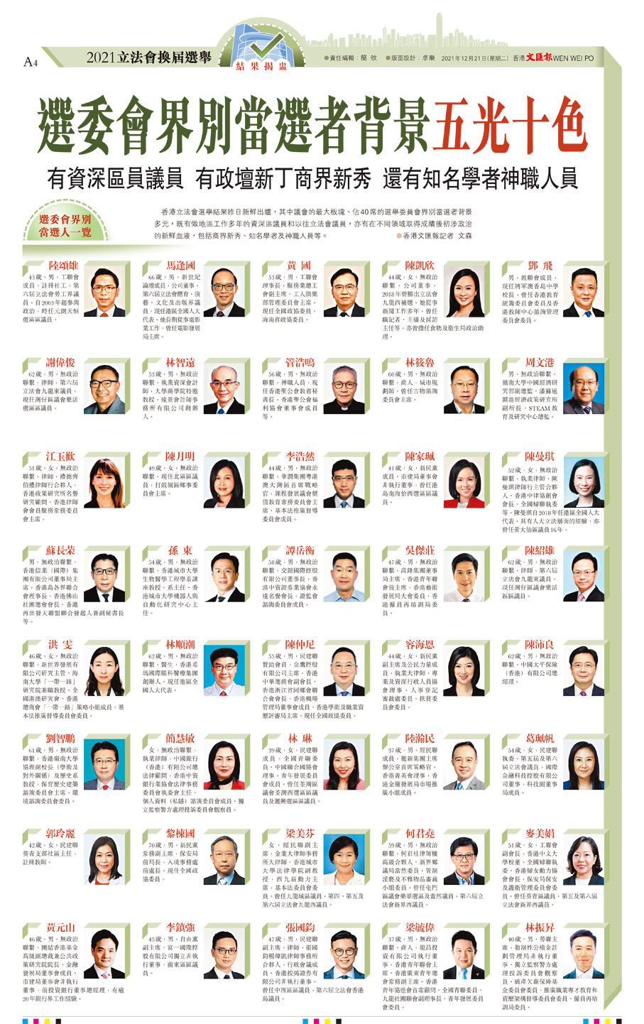 立法會選舉| 選委會界別當選者背景五光十色- 香港- 大公文匯網
