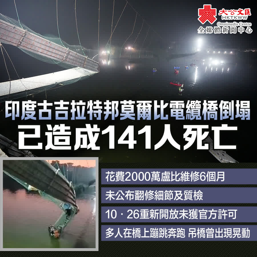 印度一電纜橋倒塌至少過百人死亡- 國際- 大公文匯網