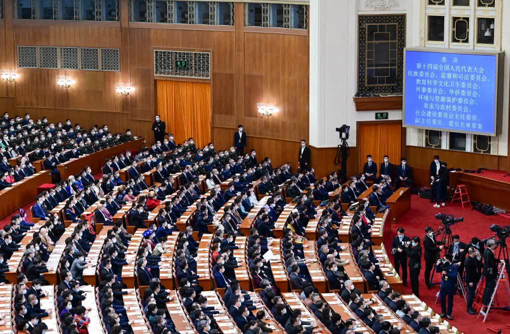 3月12日，十四屆全國人大一次會議在北京人民大會堂舉行第五次全體會議。（新華社）