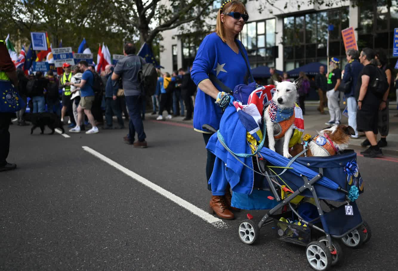 英國倫敦市中心有幾千名民眾遊行, 他們高舉歐盟旗幟, 要求英國重新加入歐盟。（圖源外媒）