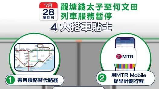 觀塘綫太子至何文田明日暫停服務　港鐵：九巴8號及30X指定車站免費搭