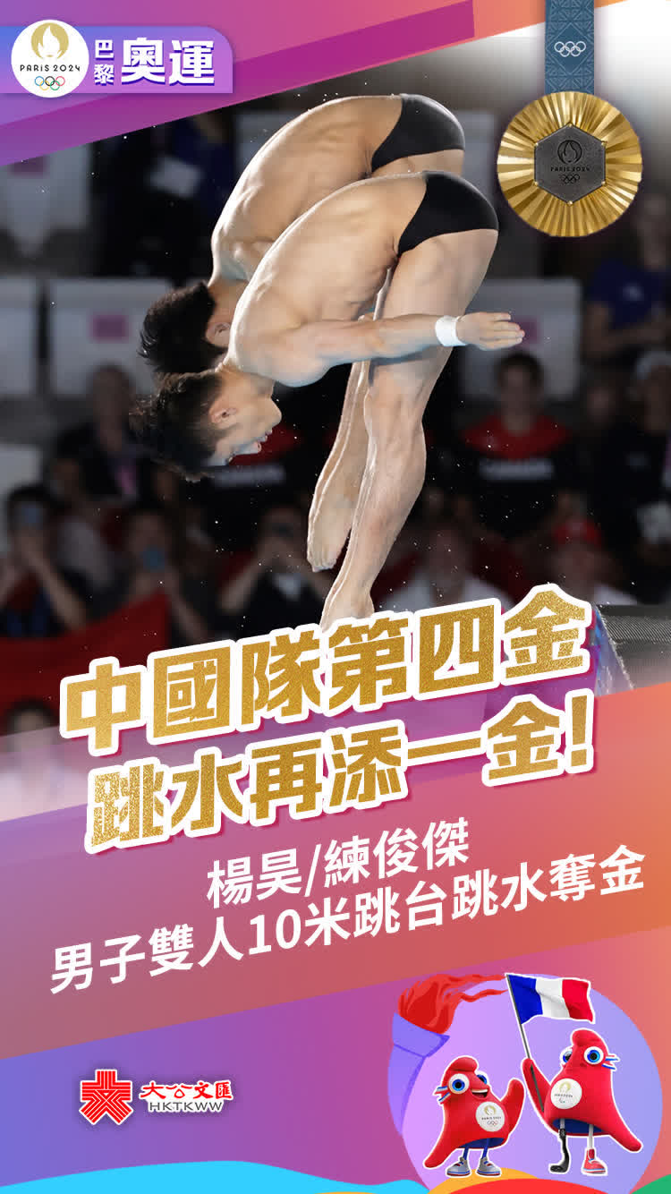 7月29日，巴黎奧運會跳水項目的男子雙人10米跳台跳水決賽，中國組合楊昊/練俊傑以490.35分的成績奪得冠軍。