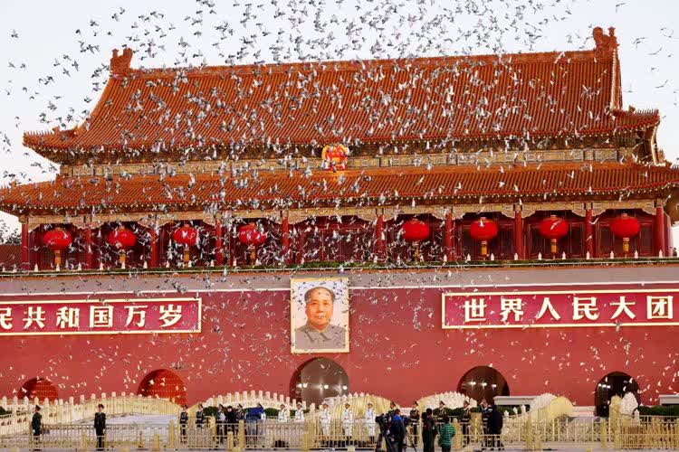 天安門前，和平鴿騰空而起。（新京報）