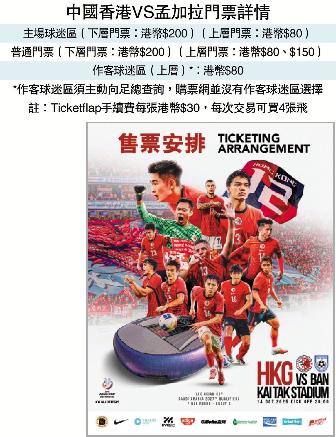 港足亞盃外迎孟加拉明日售票- 體育- 今日大公