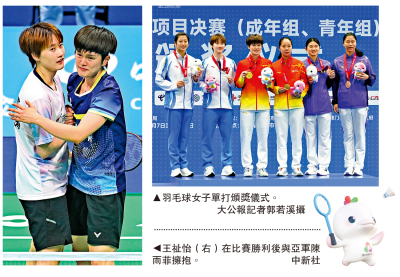 羽球女單激戰陳雨菲　王祉怡折桂
