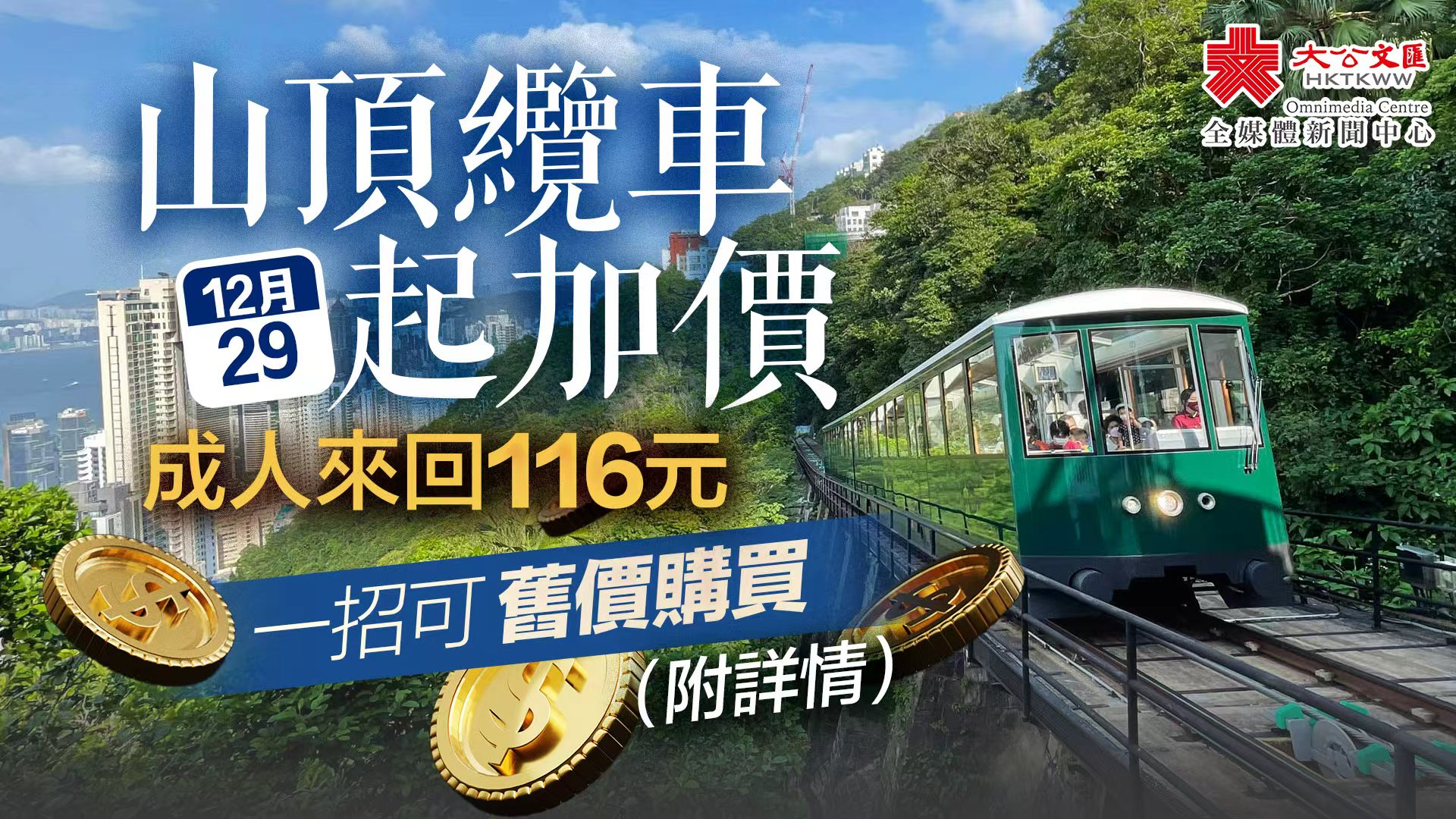 山頂纜車今起加價　成人來回116元　一招可舊價購買（附詳情）