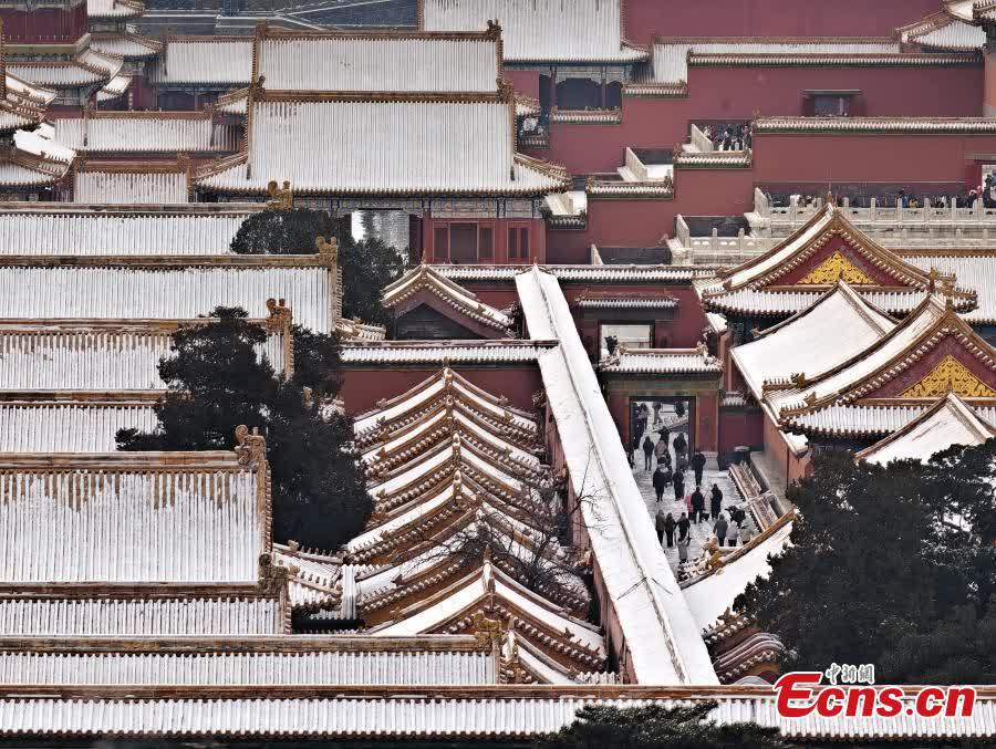 An aerial view taken on Jan. 17, 2026 shows snow-covered palaces at the Forbidden City in Beijing. (Photo/VCG)