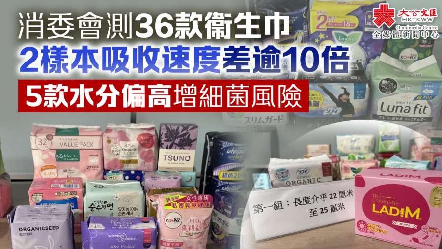 消委會測36款衞生巾　2樣本吸收速度差逾10倍　5款水分偏高增細菌風險