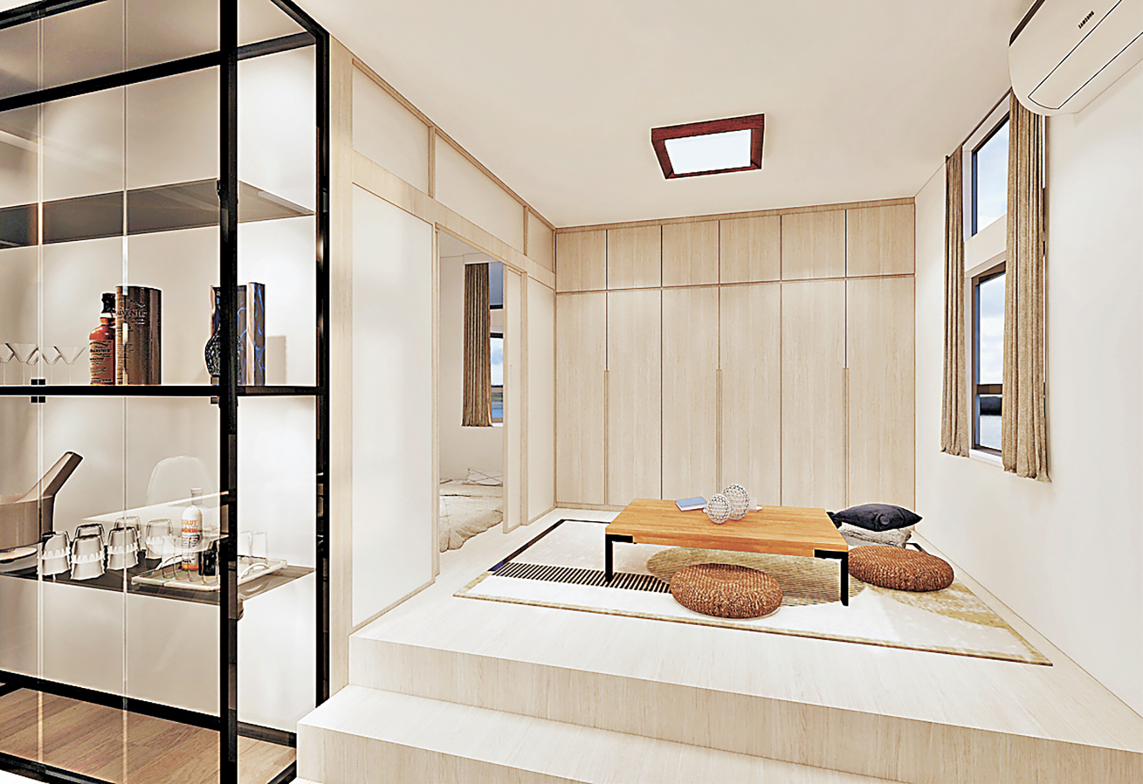 ■客廳採用和風設計的榻榻米收納地台，輔以日式坐墊。