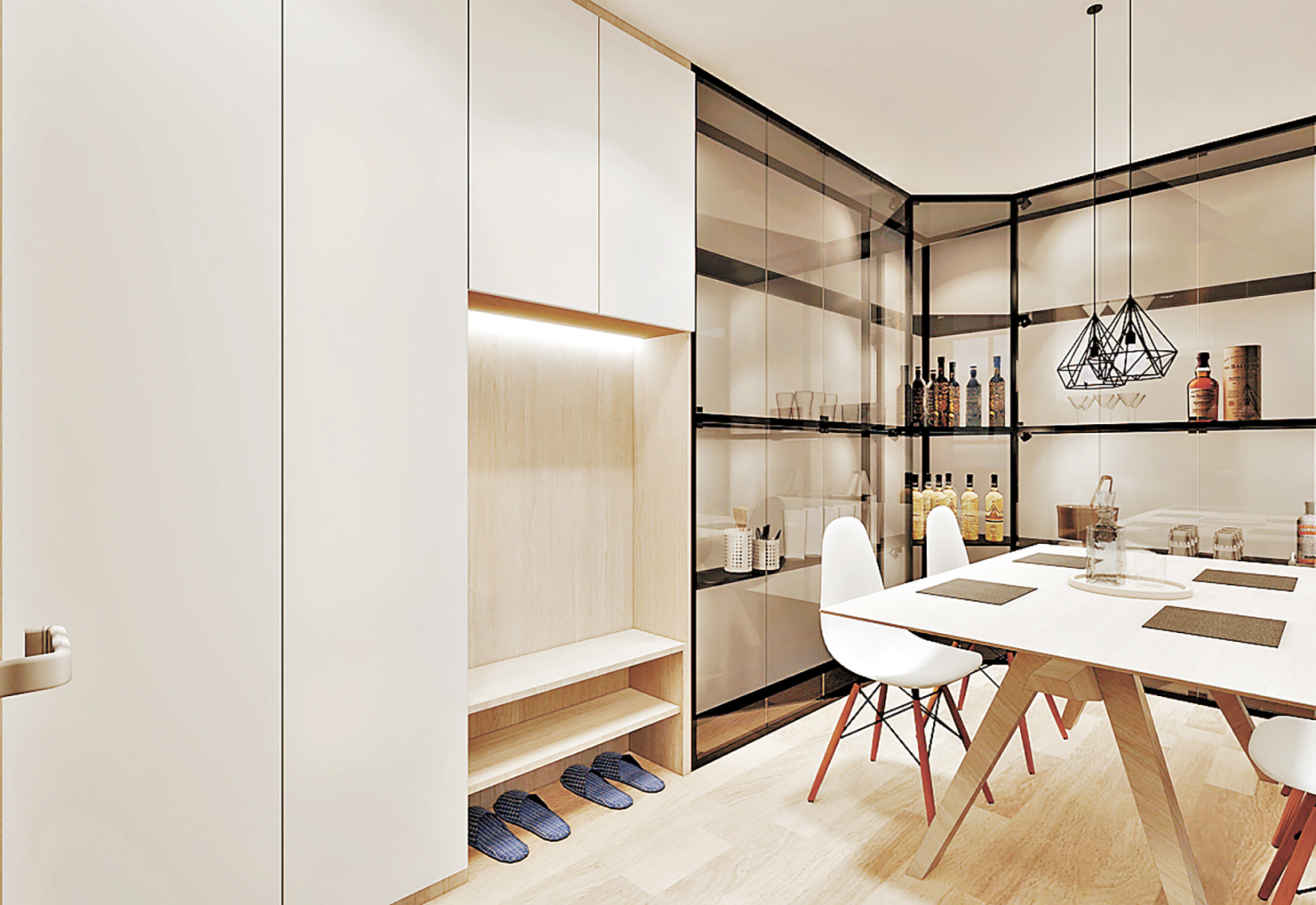 ■飯廳配合黑鋼展示櫃，設計典雅。