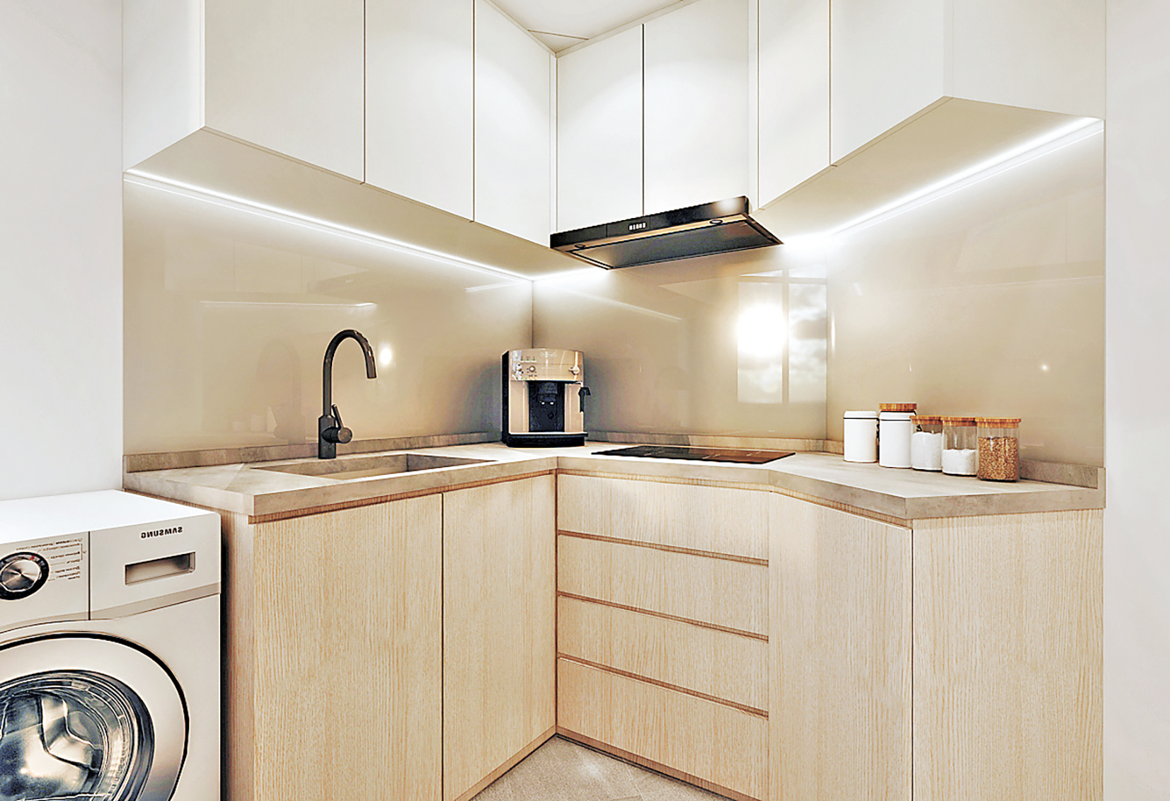 ■廚房選用和風原木傢具。