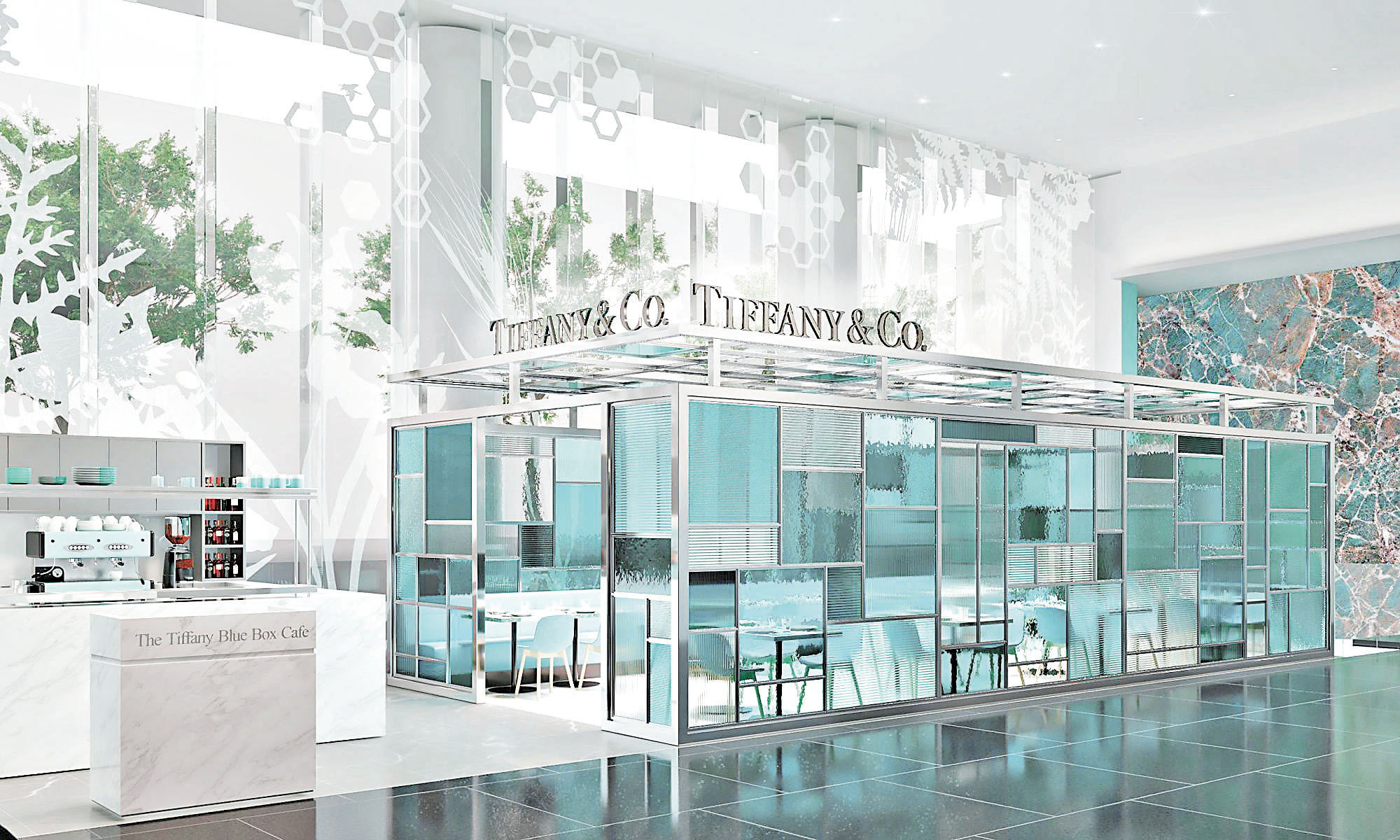 ■Tiffany餐廳以透明感湖水藍「玻璃屋」為主要設計。
