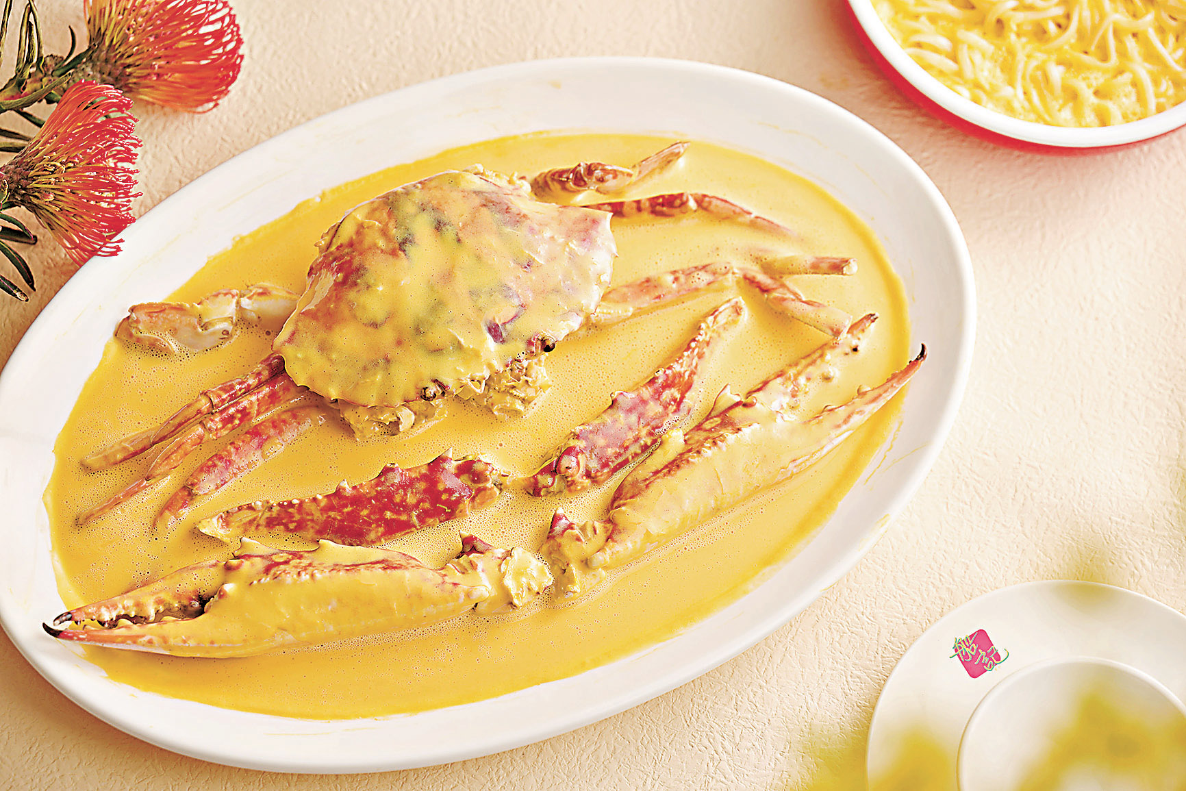 ■雞油花雕蒸花蟹配稻庭烏冬。