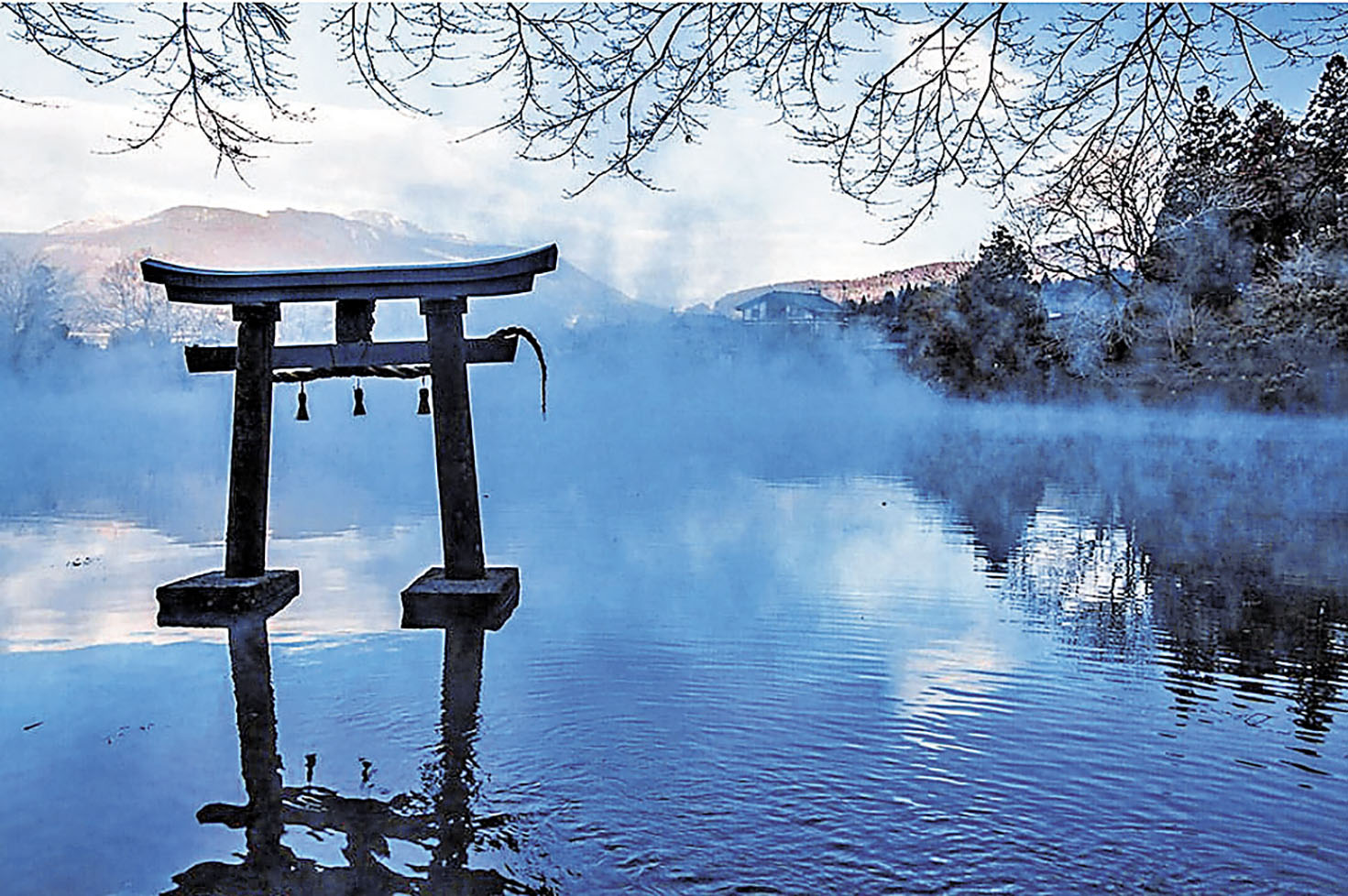 ■金鱗湖水中央的天祖神社鳥居。
