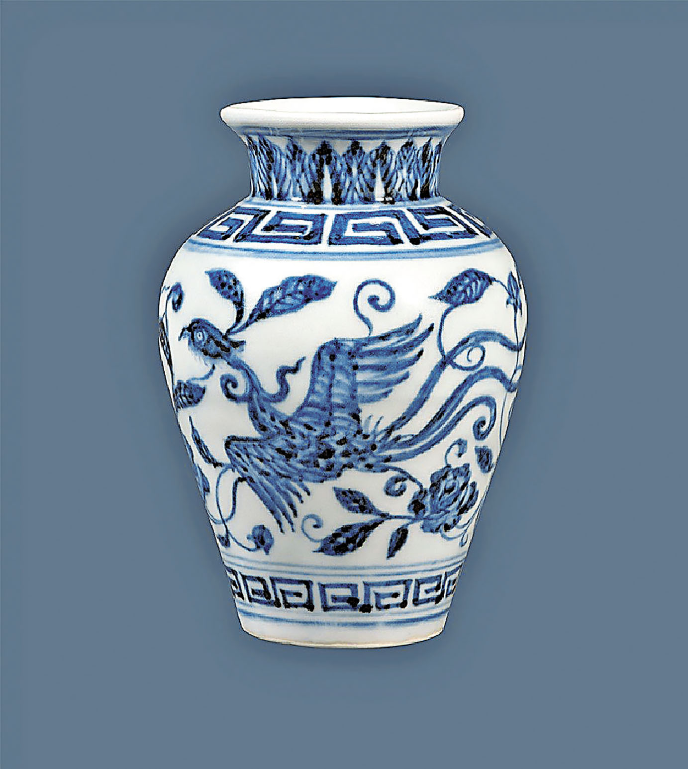 ■青花穿花雙鳳紋瓶「大明宣德年製」款