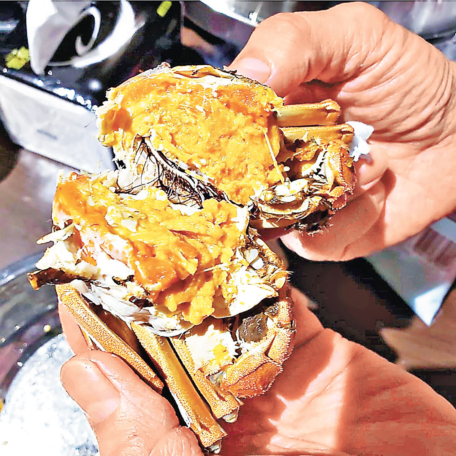 ■蟹商指今年江蘇大閘蟹爆晒膏。