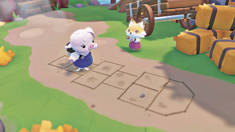 ■與居民一起玩跳房子。