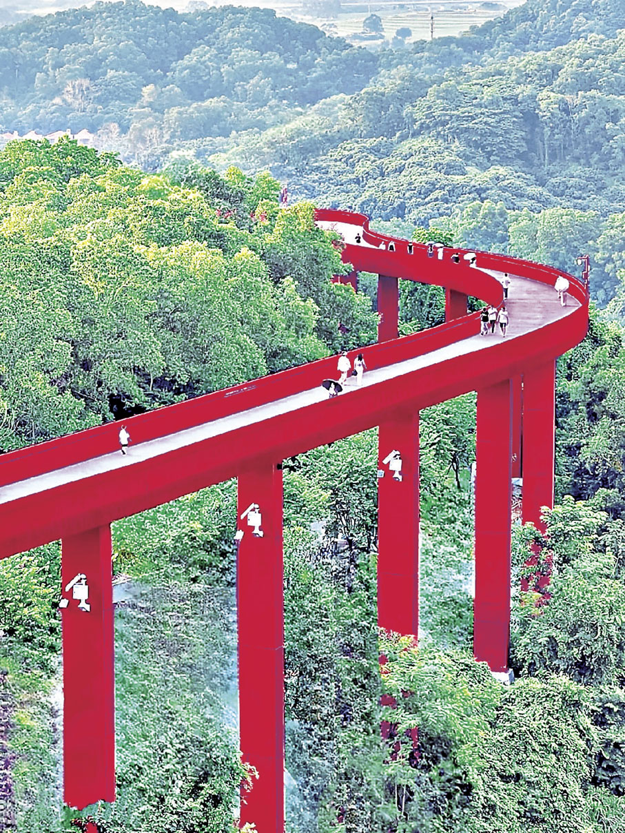 ■虹橋公園的紅色棧道橋可算是標誌性建築。小紅書@安苒苒