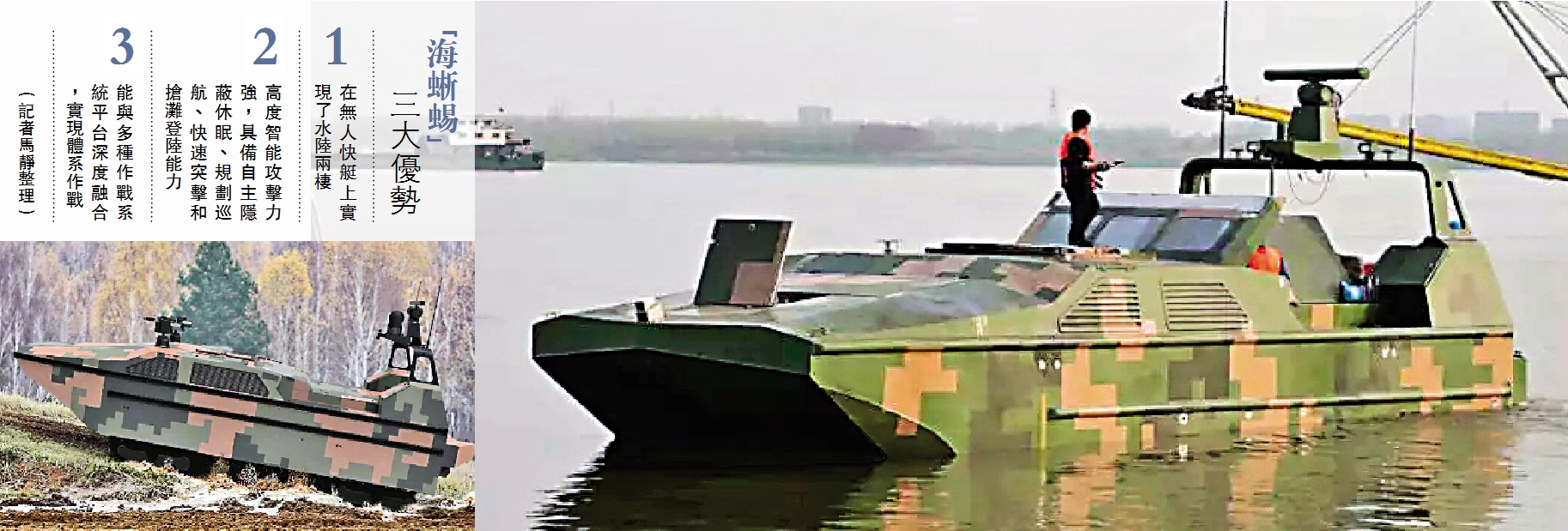 　　圖：「海蜥蜴」可按作戰要求進行快速突擊和搶灘登陸。右圖：「海蜥蜴」在長江開展航行試驗；左圖：「海蜥蜴」實施快速搶灘登陸 網絡圖片