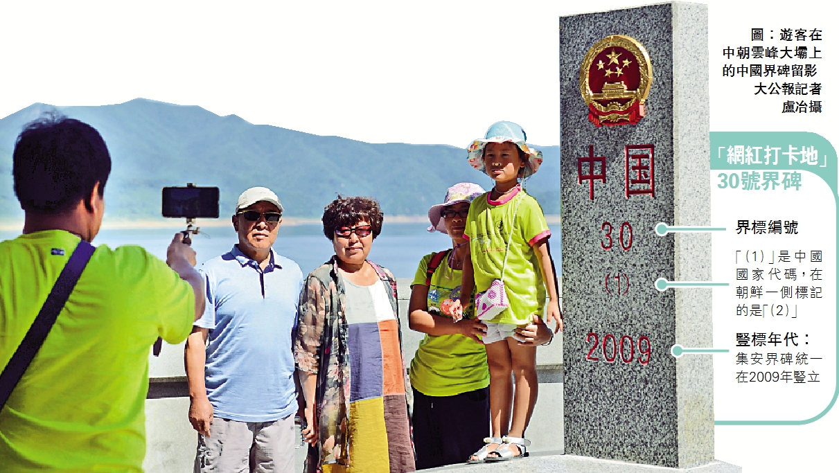　　圖：遊客在中朝雲峰大壩上的中國界碑留影\大公報記者盧冶攝