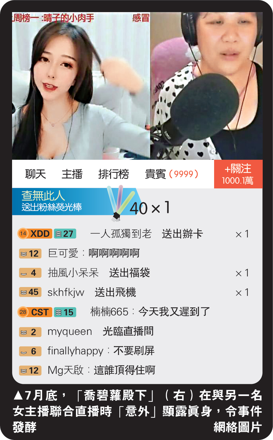 　　圖：7月底，「喬碧蘿殿下」（右）在與另一名女主播聯合直播時「意外」顯露真身，令事件發酵/網絡圖片