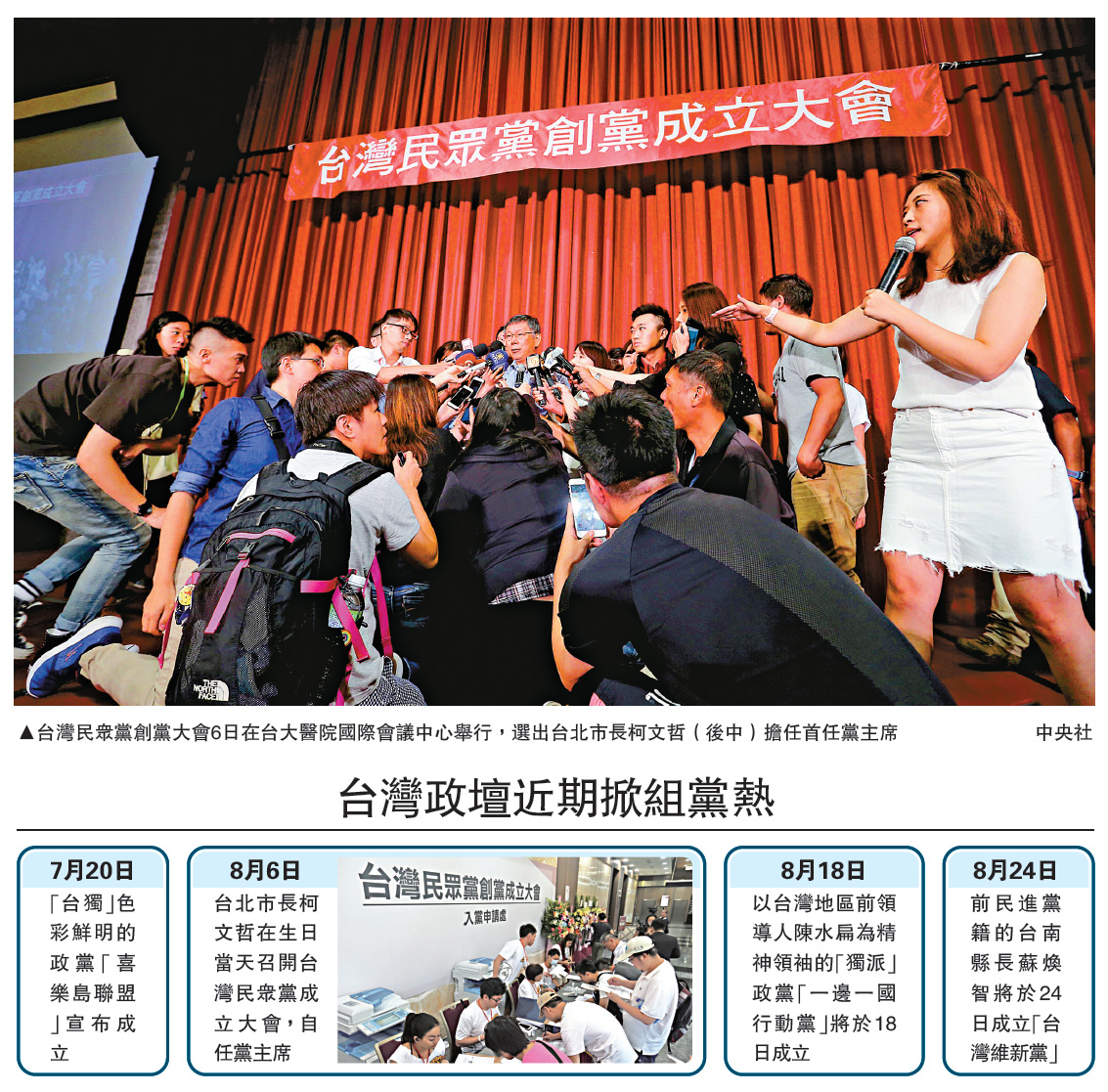 　　圖：台灣民眾黨創黨大會6日在台大醫院國際會議中心舉行，選出台北市長柯文哲（後中）擔任首任黨主席\中央社