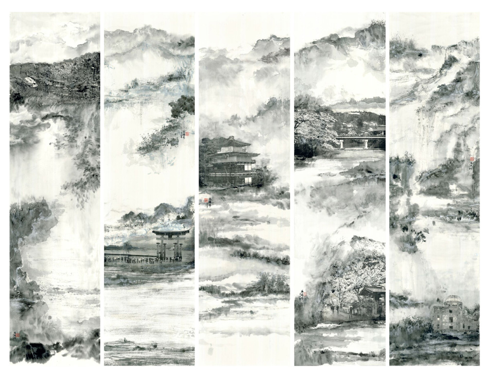 　　圖：《故地重遊》，2017，水墨、混合媒介拼貼紙本，每幀尺幅為144×37厘米