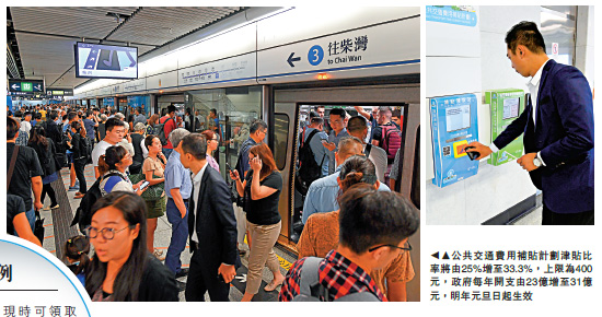 　　圖：公共交通費用補貼計劃津貼比率將由25%增至33.3%，上限為400元，政府每年開支由23億增至31億元，明年元旦日起生效