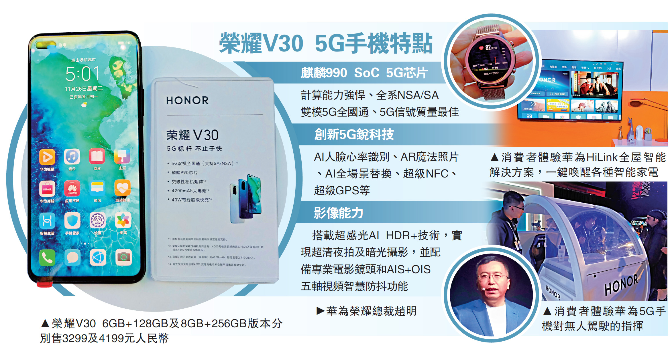 　　圖：榮耀V30 6GB+128GB及8GB+256GB版本分別售3299及4199元人民幣