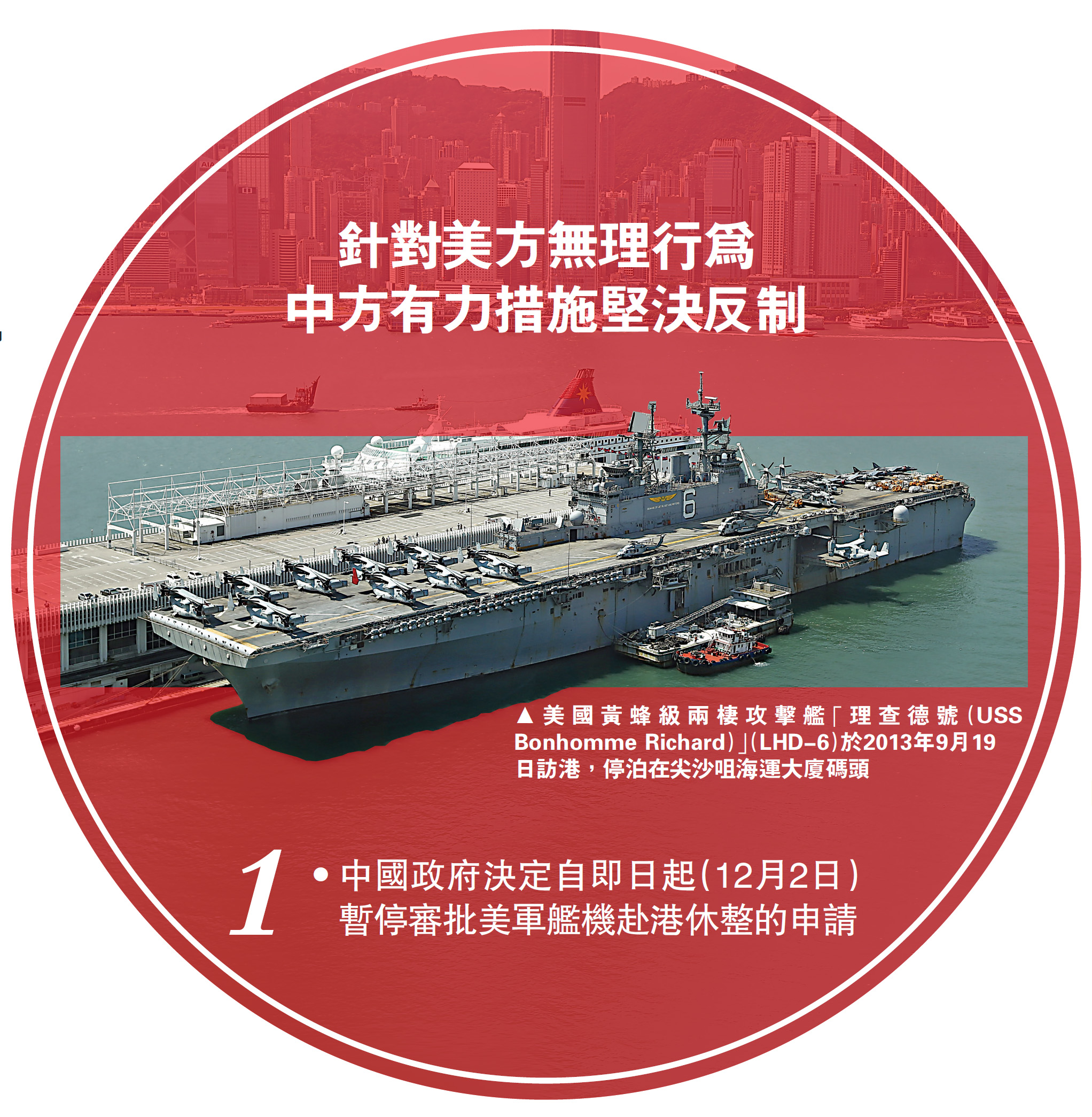 　　圖：美國黃蜂級兩棲攻擊艦「理查德號（USS Bonhomme Richard）」（LHD-6）於2013年9月19日訪港，停泊在尖沙咀海運大廈碼頭
