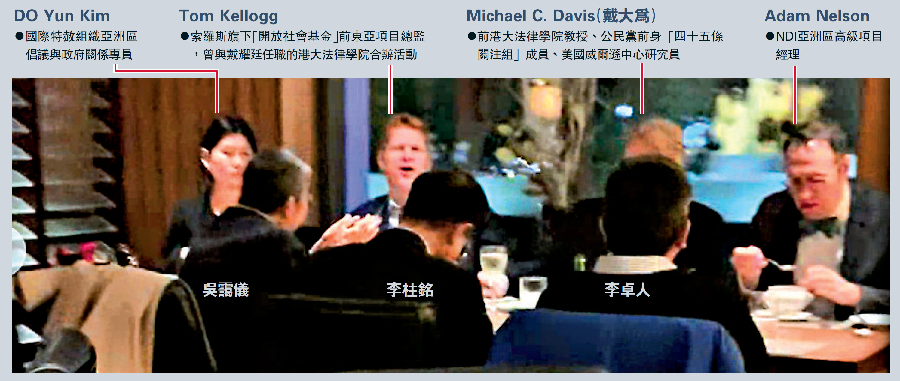 　　圖：Adam Nelson（右）在文華東方酒店餐廳與李柱銘、李卓人及吳靄儀密會