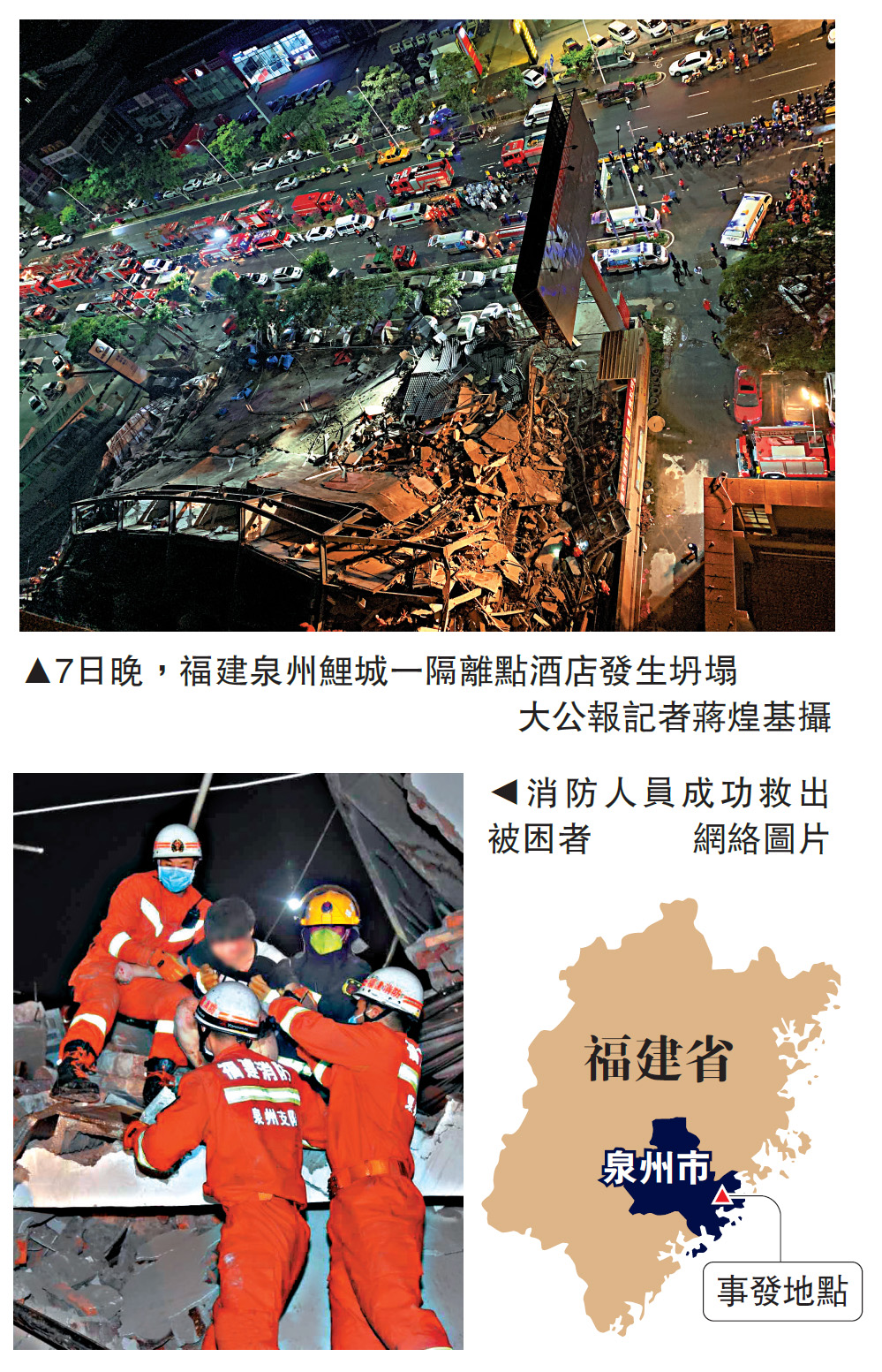 　　圖：7日晚，福建泉州鯉城一隔離點酒店發生坍塌\大公報記者蔣煌基攝