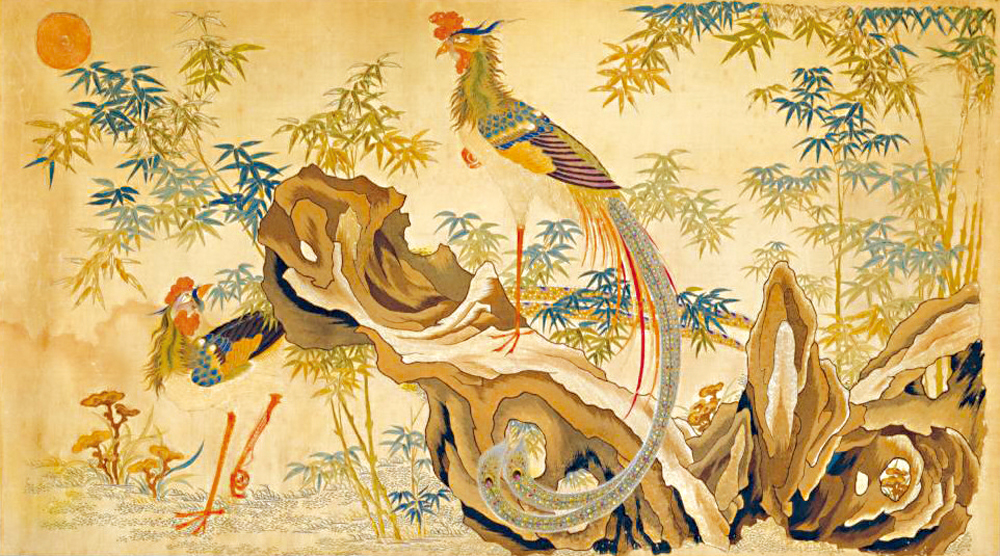 　　圖：清光緒時期「廣繡竹石雙鳳圖軸」 故宮博物院