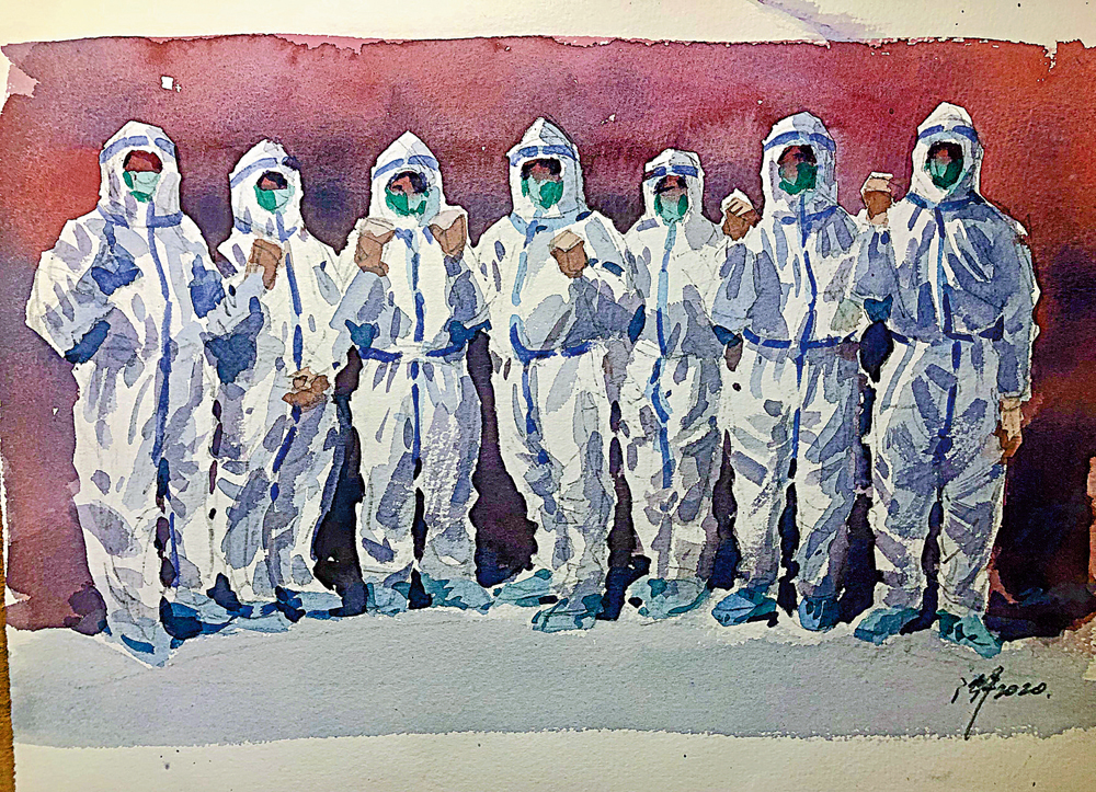 　　圖：沈平水彩作品《眾志成城》\沈平供圖