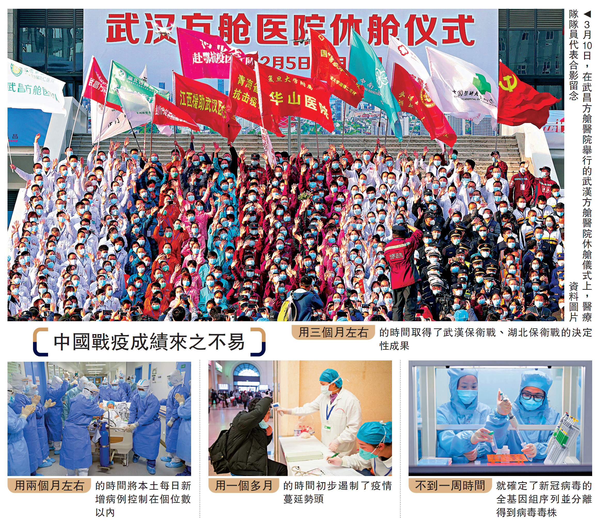 　　圖：3月10日，在武昌方艙醫院舉行的武漢方艙醫院休艙儀式上，醫療隊隊員代表合影留念  資料圖片