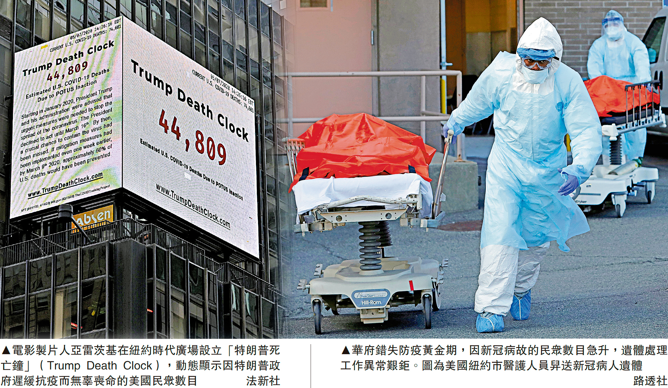 　　圖：電影製片人亞雷茨基在紐約時代廣場設立「特朗普死亡鐘」（Trump Death Clock），動態顯示因特朗普政府遲緩抗疫而無辜喪命的美國民眾數目\法新社
