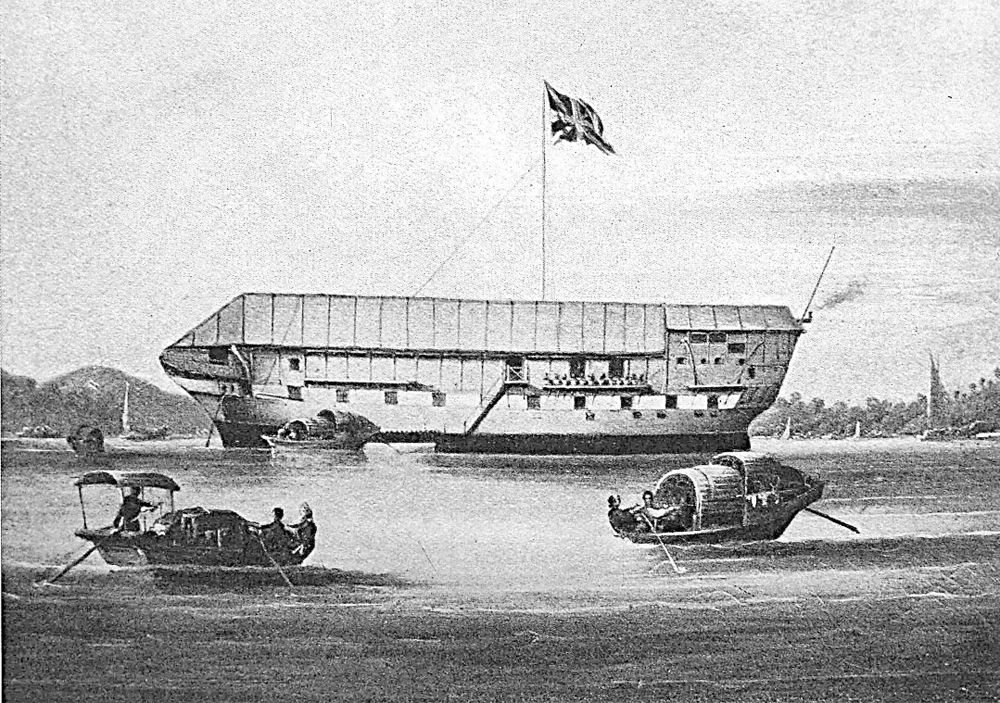 　　圖：1839年，停泊在香港附近海域的英國鴉片躉船（圖為中國畫家油畫）\《從遠古到九七香港史》圖片