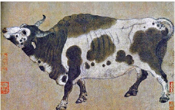 　　圖：中國古代留存今世多為花鳥人物，以牛入畫，且如此生動者，《五牛圖》堪稱孤品。圖為《五牛圖》局部