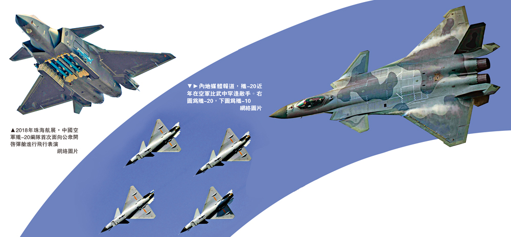 　　圖：內地媒體報道，殲-20近年在空軍比武中罕逢敵手。右圖為殲-20，下圖為殲-10\網絡圖片