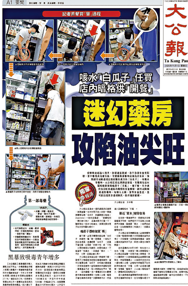 　　圖：《大公報》本月一日獨家報道有藥房違規出售需醫生處方的「白瓜子」、咳藥水等藥物，有關報道引起社會關注