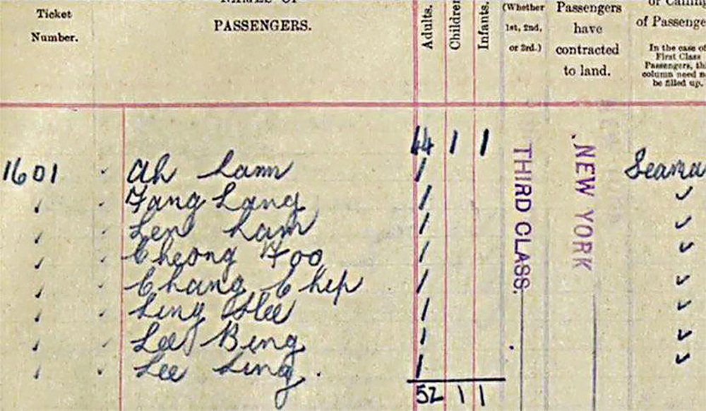 　　圖：鐵達尼號的船票上寫着8名華工的名字。\資料圖片