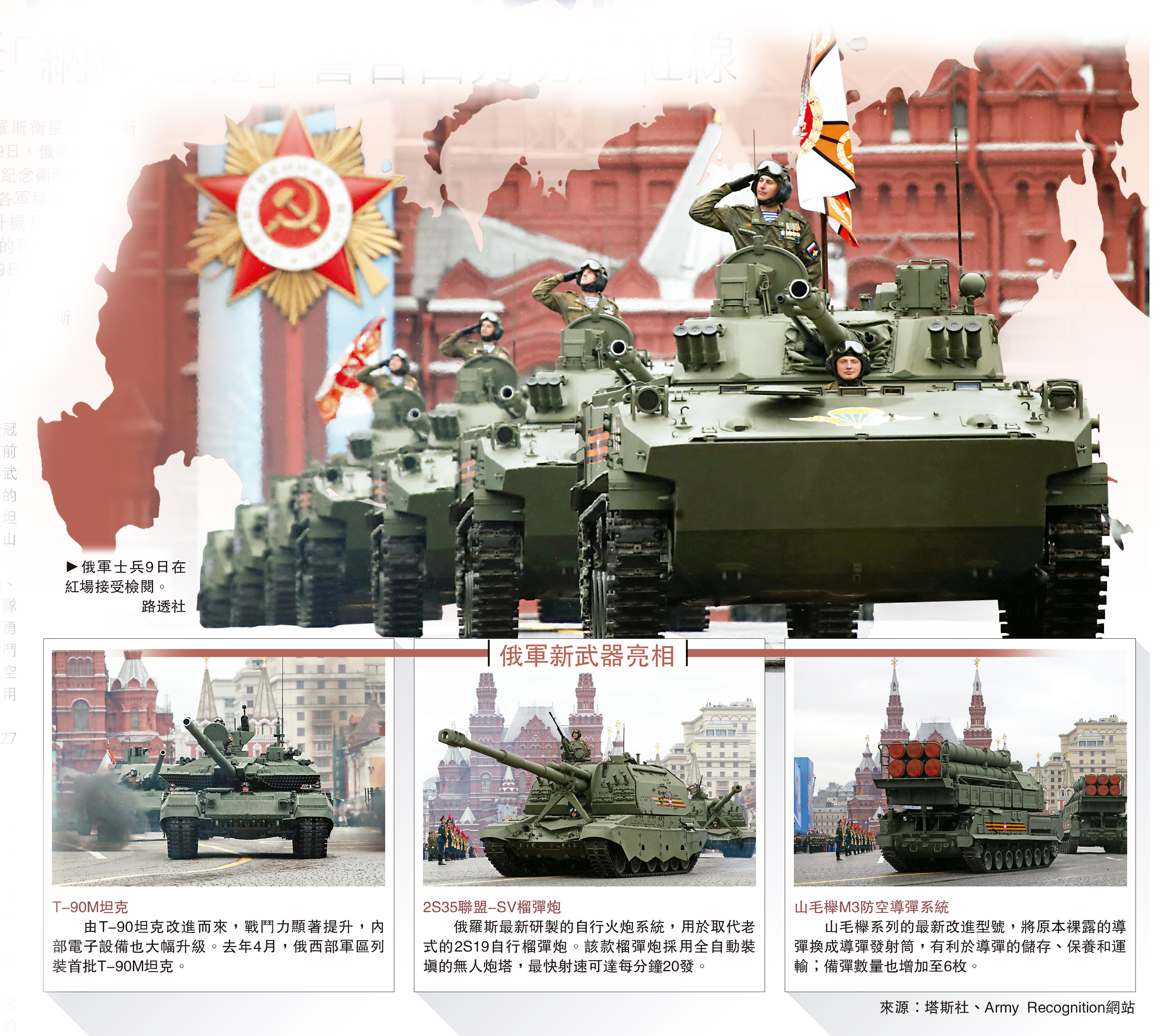 　　圖：俄軍士兵9日在紅場接受檢閱。/路透社