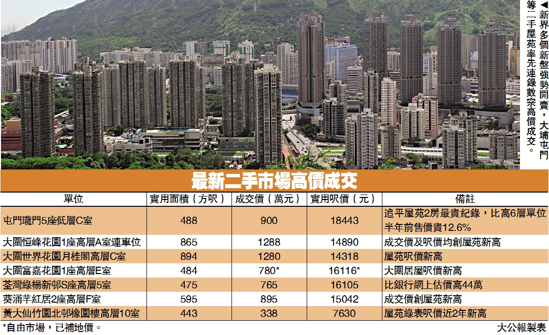 　　圖：新界多個新盤強勢開賣，大埔屯門等二手屋苑率先連錄數宗高價成交。
