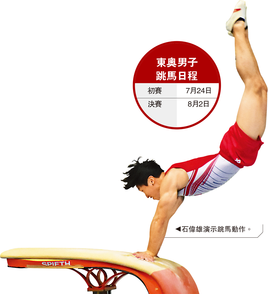 　　圖：石偉雄演示跳馬動作。