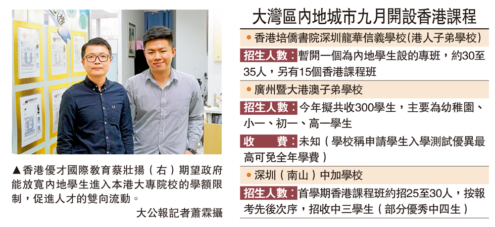 　　圖：香港優才國際教育蔡壯揚（右）期望政府能放寬內地學生進入本港大專院校的學額限制，促進人才的雙向流動。\大公報記者蕭霖攝