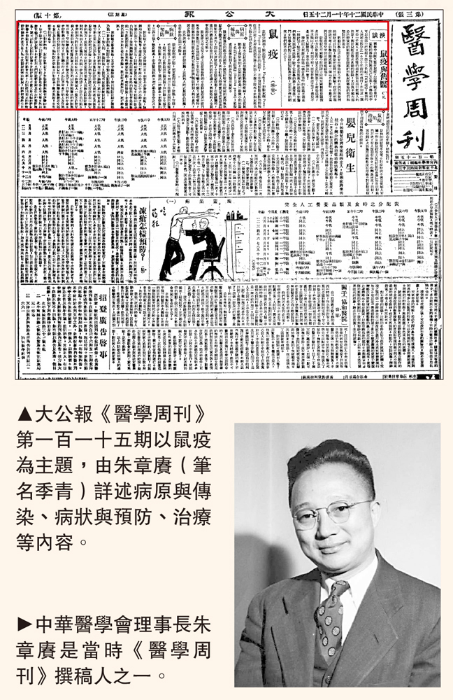　　圖：大公報《醫學周刊》第一百一十五期以鼠疫為主題，由朱章賡（筆名季青）詳述病原與傳染、病狀與預防、治療等內容。