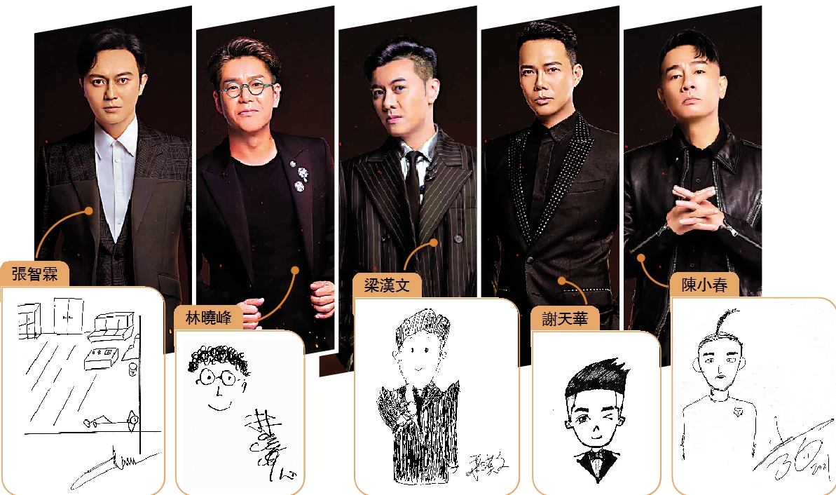 　　圖：由香港藝人組成的「大灣區組」最近在內地掀起一股熱潮。圖為五位「哥哥」與他們的自畫像。\網絡圖片