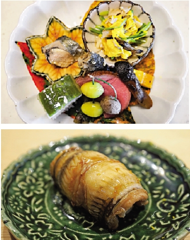 　　圖：比良山莊的前菜（上）及香港寿し雲隱的星鰻（穴子）壽司。/作者供圖